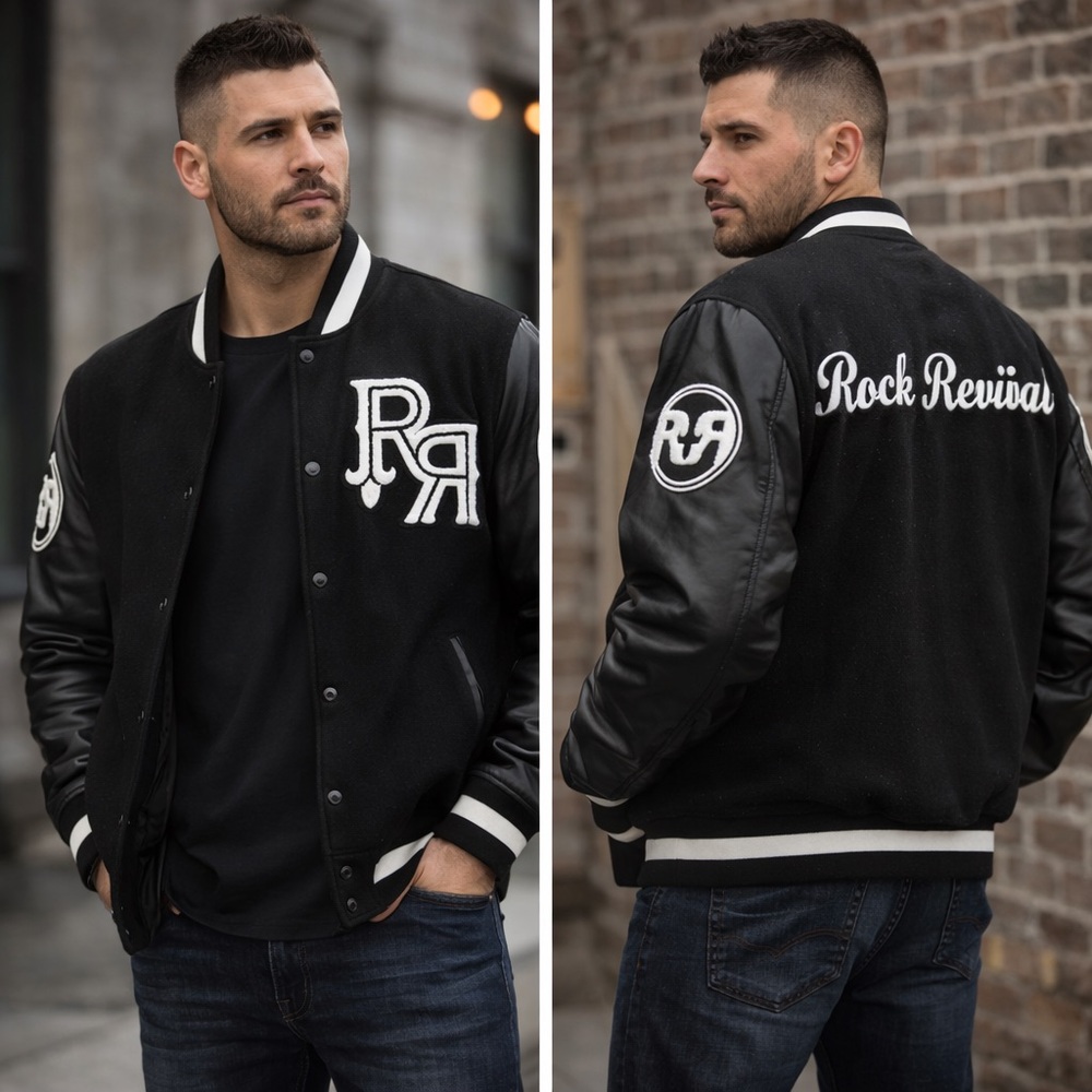 Rock Revival Varsity Jacket XXL Black Letterman Logo Patch Leather Sleeves
